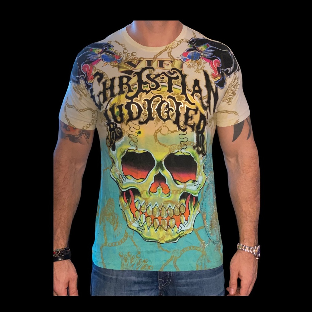 VTG Christian Audigier Skull/Tiger Rhinestone  XL